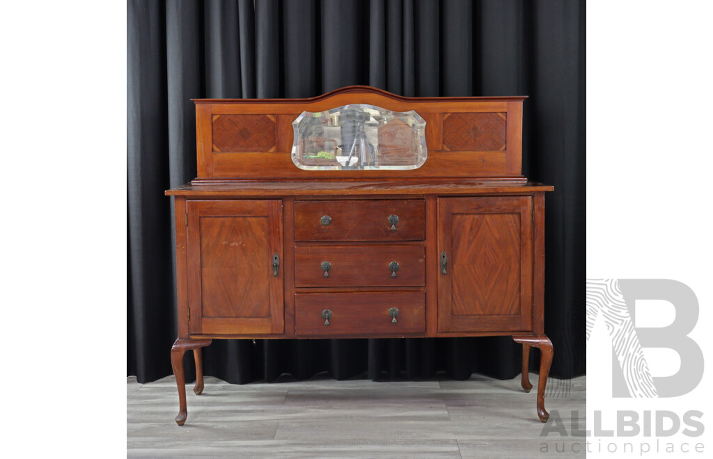 Vintage Three Drawer Sideboard with Beveled Edged Mirror and Cabriole Legs