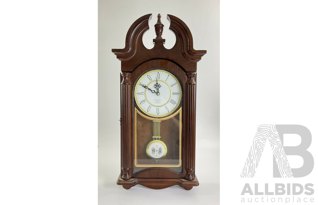 Vintage Belvedere Westminster Chimes Wall Clock, Pendulum, Stained Oak with Columns and Turned Finial