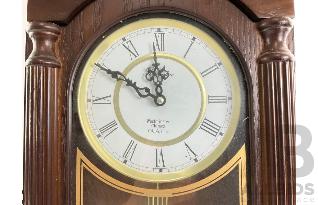 Vintage Belvedere Westminster Chimes Wall Clock, Pendulum, Stained Oak with Columns and Turned Finial
