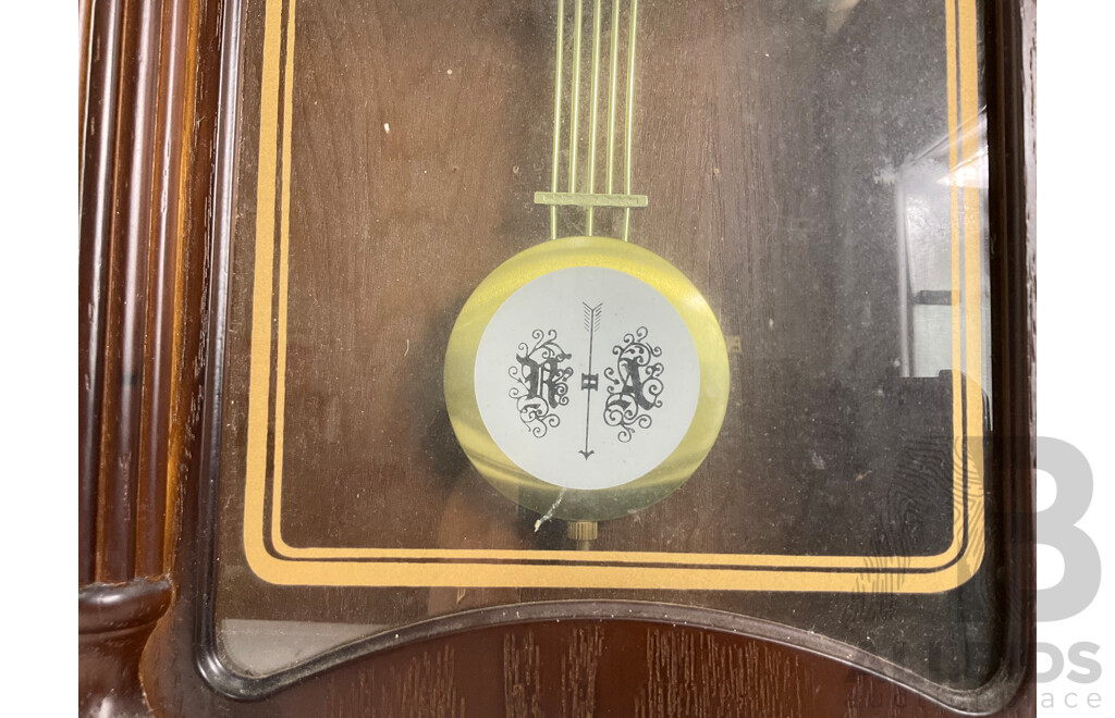 Vintage Belvedere Westminster Chimes Wall Clock, Pendulum, Stained Oak with Columns and Turned Finial