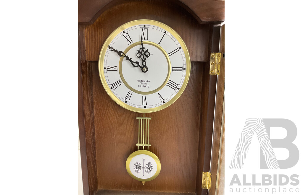 Vintage Belvedere Westminster Chimes Wall Clock, Pendulum, Stained Oak with Columns and Turned Finial