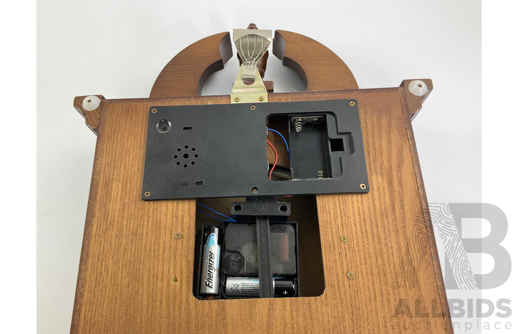 Vintage Belvedere Westminster Chimes Wall Clock, Pendulum, Stained Oak with Columns and Turned Finial