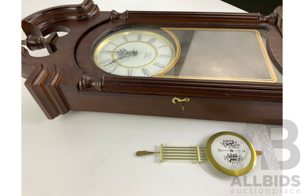 Vintage Belvedere Westminster Chimes Wall Clock, Pendulum, Stained Oak with Columns and Turned Finial