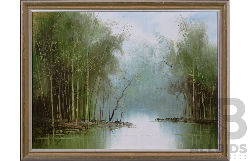 Artist Unknown, (Mid Century), Bamboo River, Oil on Canvas Board, 52 x 68 cm (frame)