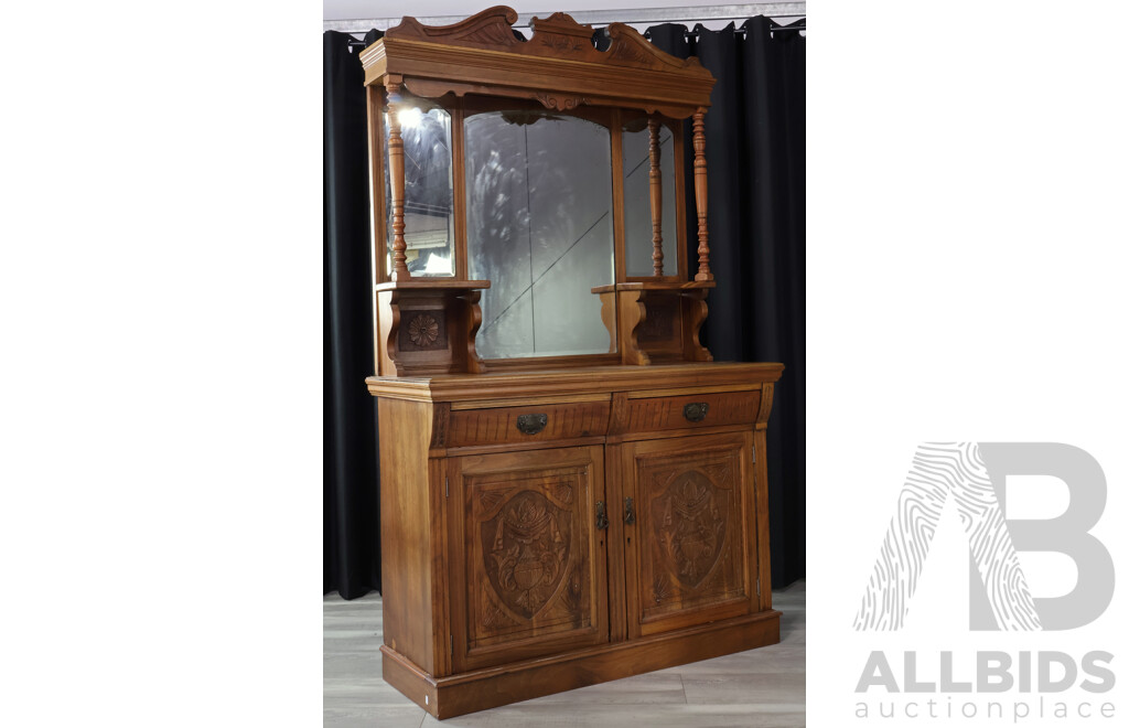 Edwardian Mirrored Back Sideboard with Carved Shield Doors and Turned Supports