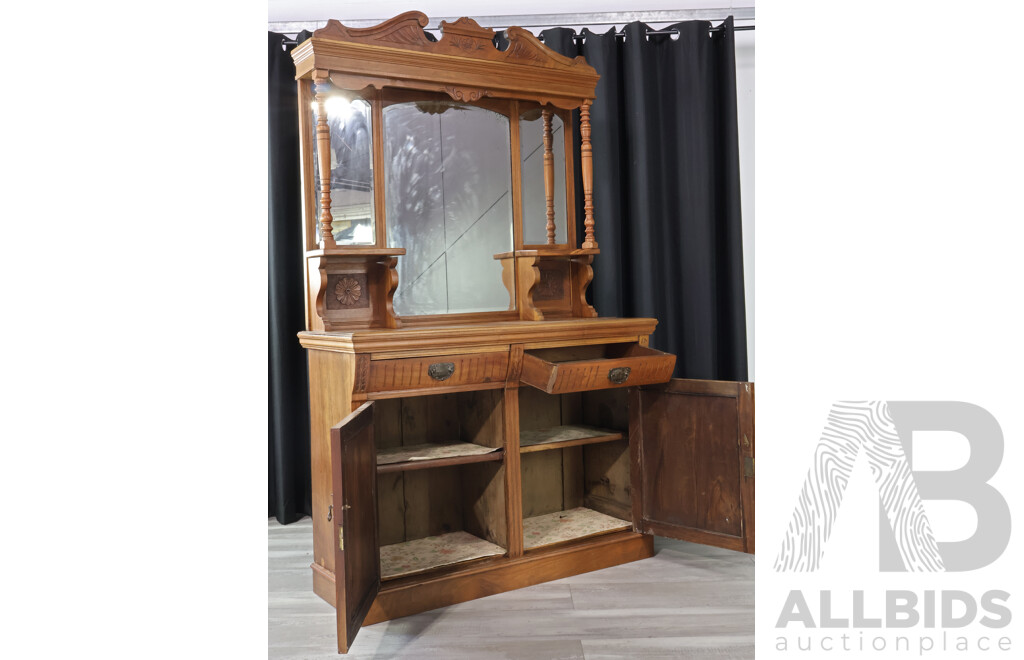 Edwardian Mirrored Back Sideboard with Carved Shield Doors and Turned Supports