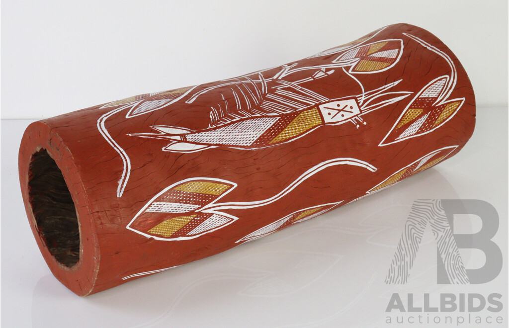 Hand Painted Australian Indigenous Hollow Log with Polychrome Decoration, Arnhem Land, Water Lily & Lagoon Motif