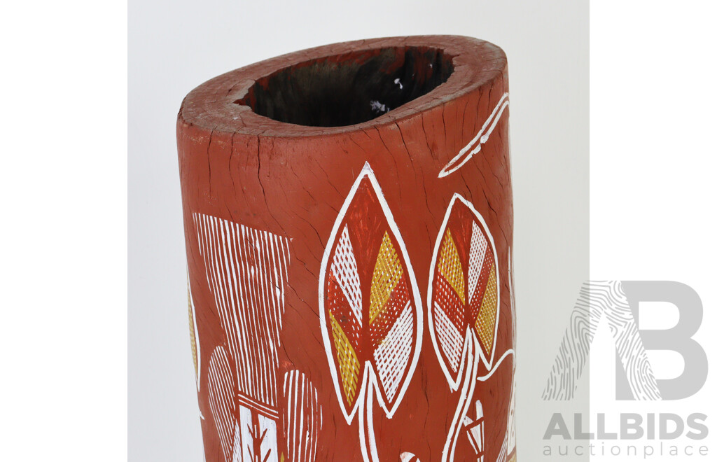Hand Painted Australian Indigenous Hollow Log with Polychrome Decoration, Arnhem Land, Water Lily & Lagoon Motif