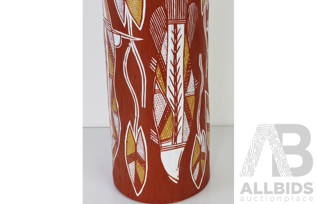 Hand Painted Australian Indigenous Hollow Log with Polychrome Decoration, Arnhem Land, Water Lily & Lagoon Motif