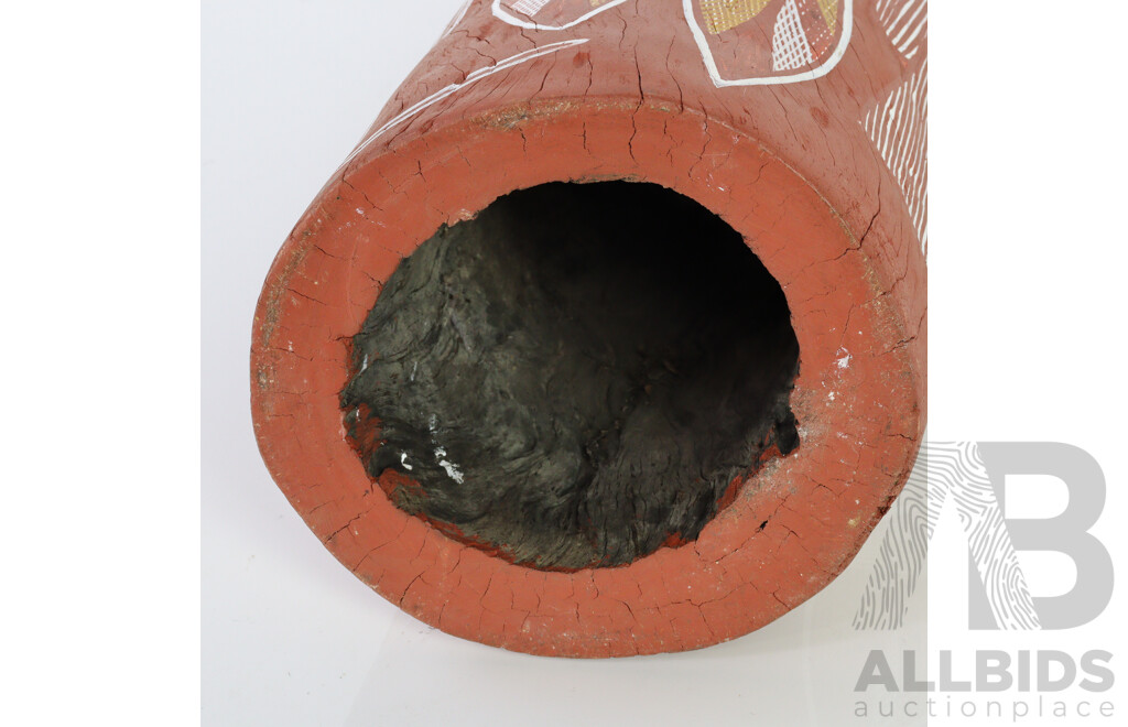 Hand Painted Australian Indigenous Hollow Log with Polychrome Decoration, Arnhem Land, Water Lily & Lagoon Motif