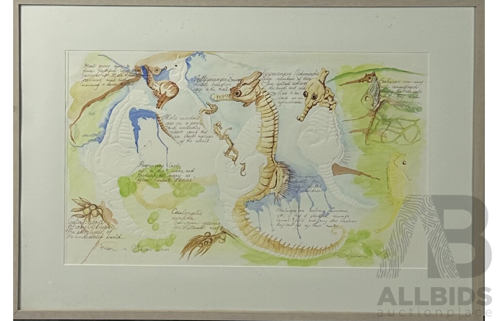 Quinn (20th Century), From a Clean Sea - Seahorses, Watercolour, Ink and Embossing, 68 x 98 cm (frame)