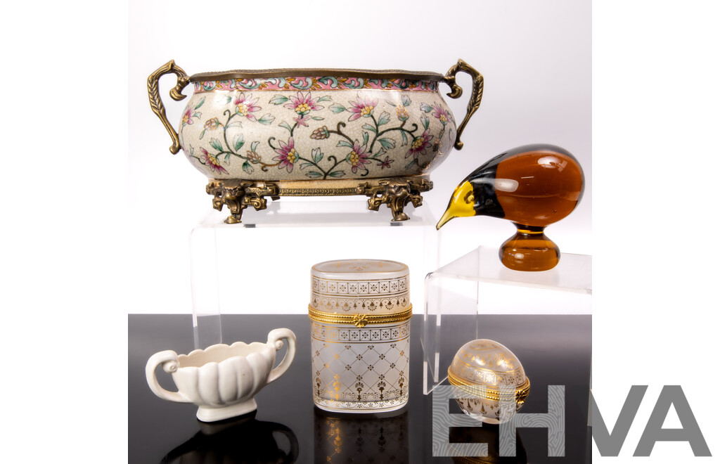 Faux Antique Porcelain Chinese Style Crackle Glazed Dish with Brass Feet with Bat Mask, Handles and Mountings by Dominic Along with Art Glass Kiwi, Wade Miniature Vase & Two Estee Lauder Glass Boxes