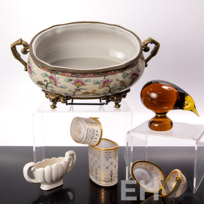Faux Antique Porcelain Chinese Style Crackle Glazed Dish with Brass Feet with Bat Mask, Handles and Mountings by Dominic Along with Art Glass Kiwi, Wade Miniature Vase & Two Estee Lauder Glass Boxes