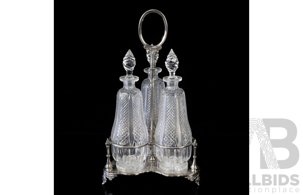 Vintage Silver Plated Decanter Holder with Three Crystal Decanters with Stoppers
