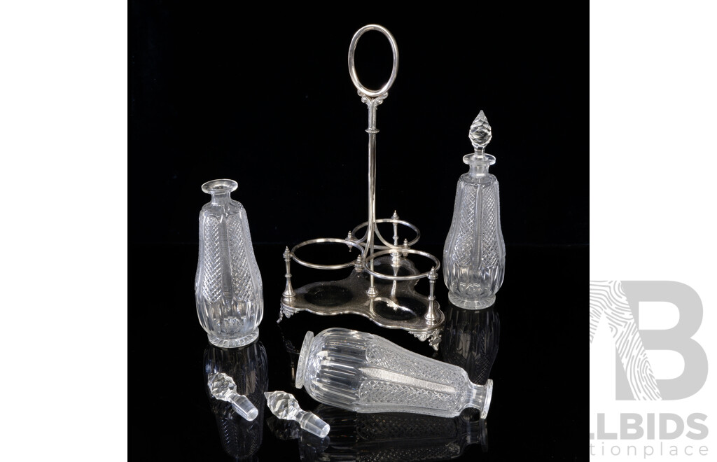 Vintage Silver Plated Decanter Holder with Three Crystal Decanters with Stoppers