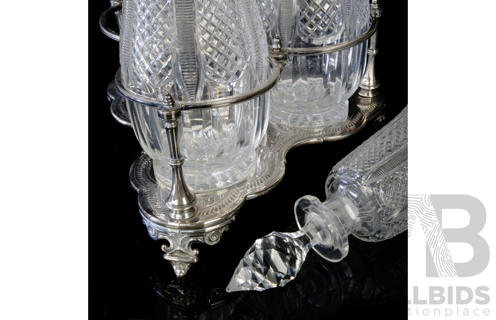 Vintage Silver Plated Decanter Holder with Three Crystal Decanters with Stoppers