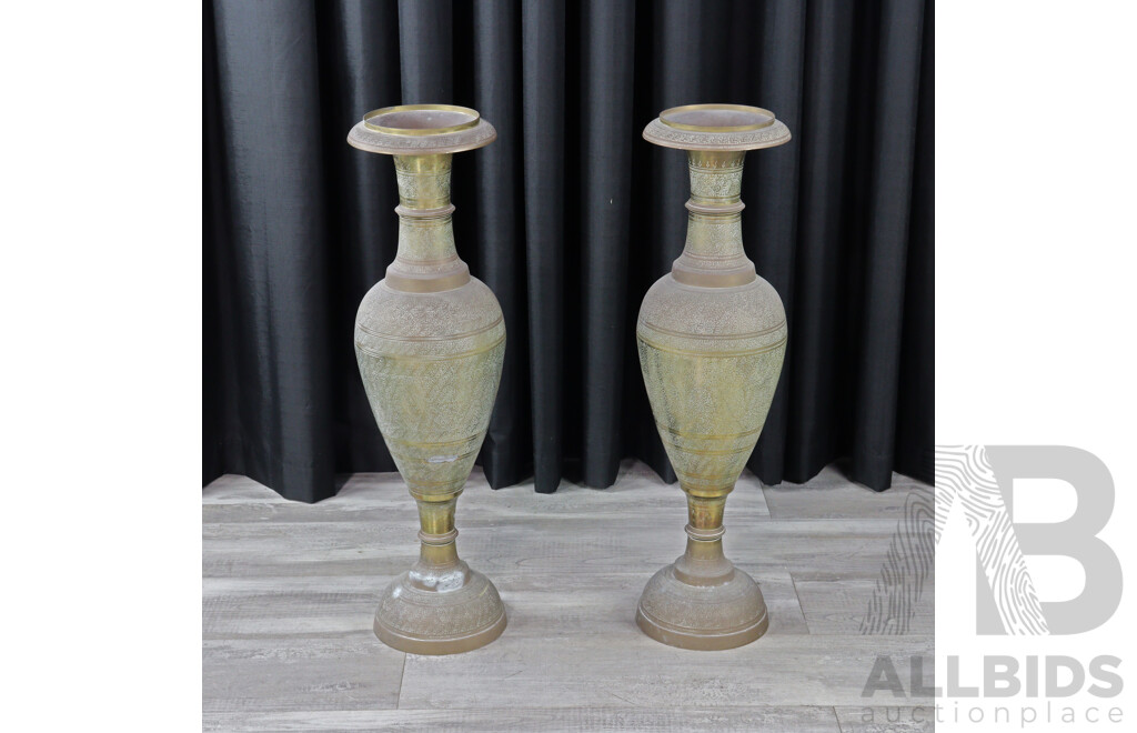 Pair of Large Etched Brass Floor Vases