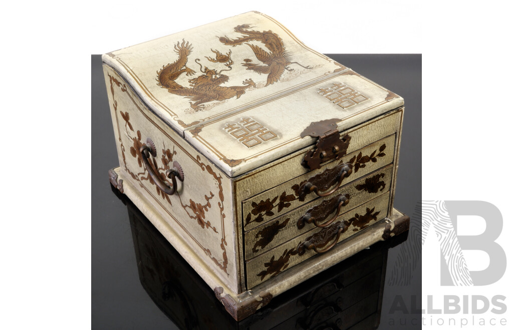 Chinese Dressing Table Vanity Box with Lift Up Mirror Lid, Three Drawers and Copper Fittings and Hand Painted Dragon & Phoenix Detail