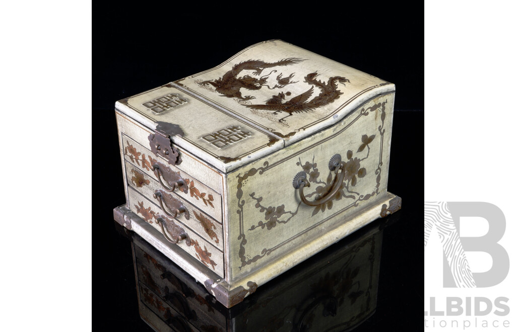 Chinese Dressing Table Vanity Box with Lift Up Mirror Lid, Three Drawers and Copper Fittings and Hand Painted Dragon & Phoenix Detail