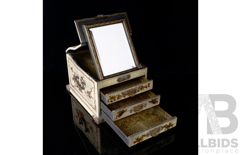 Chinese Dressing Table Vanity Box with Lift Up Mirror Lid, Three Drawers and Copper Fittings and Hand Painted Dragon & Phoenix Detail