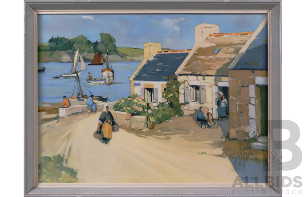 Raymond Wintz (Early 20th Century, French,1884-1956), Sunny Morning - French Village, Quality Vintage Print of Original Oil, 53 X 69 Cm (frame)