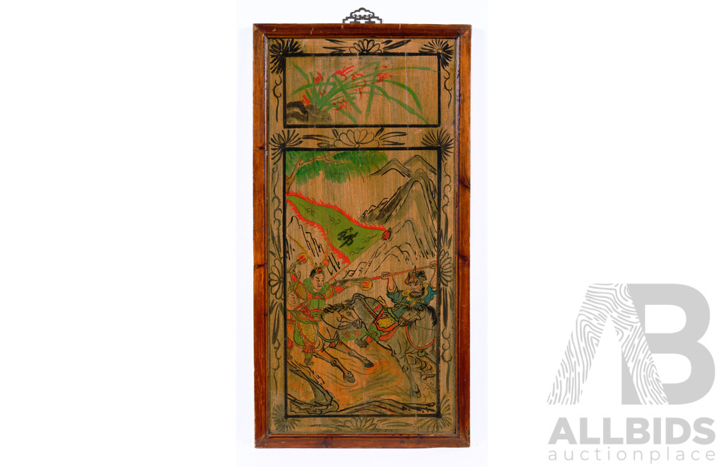 Artist Unknown, (Chinese School), Battle on Horseback (cEarly 20th Century), Oil on Wood Panelling Plaque in Hand Carved Frame, 96 X 49 Cm (frame)