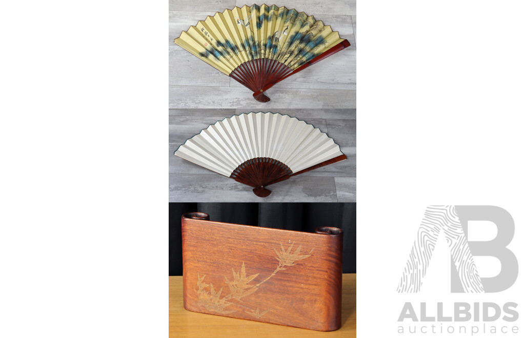 Pair of Japnese Folding Hand Fans with Japenese Scroll Form Table Top