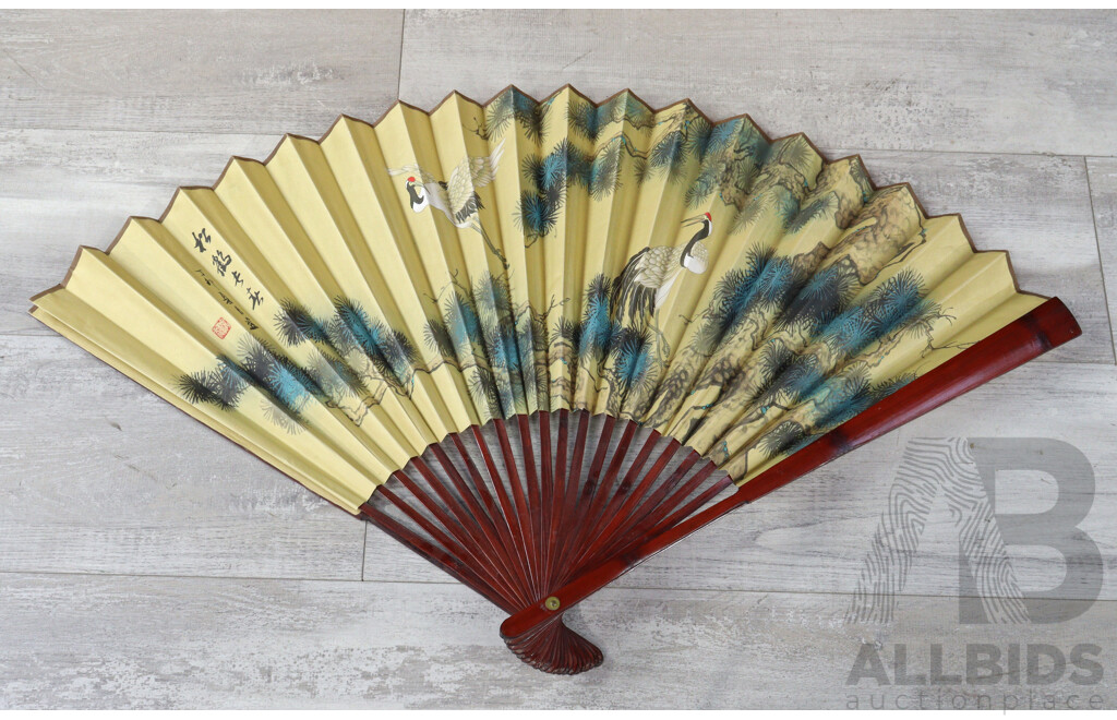 Pair of Japnese Folding Hand Fans with Japenese Scroll Form Table Top