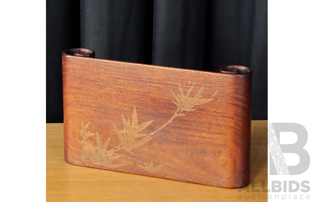 Pair of Japnese Folding Hand Fans with Japenese Scroll Form Table Top