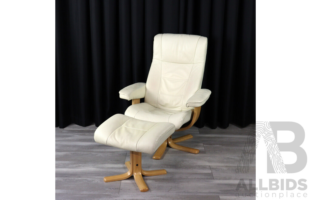 Cream Leather Recliner Armchair and Footstool by IMG