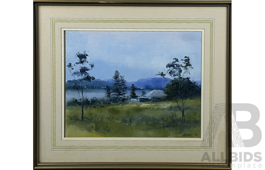 Greg Jarmaine, (20th Century, Australian, 1948-2021), Dunlops Farm, Central Coast, NSW, (1985), Oil on Canvas, 61 x 72 cm (frame)