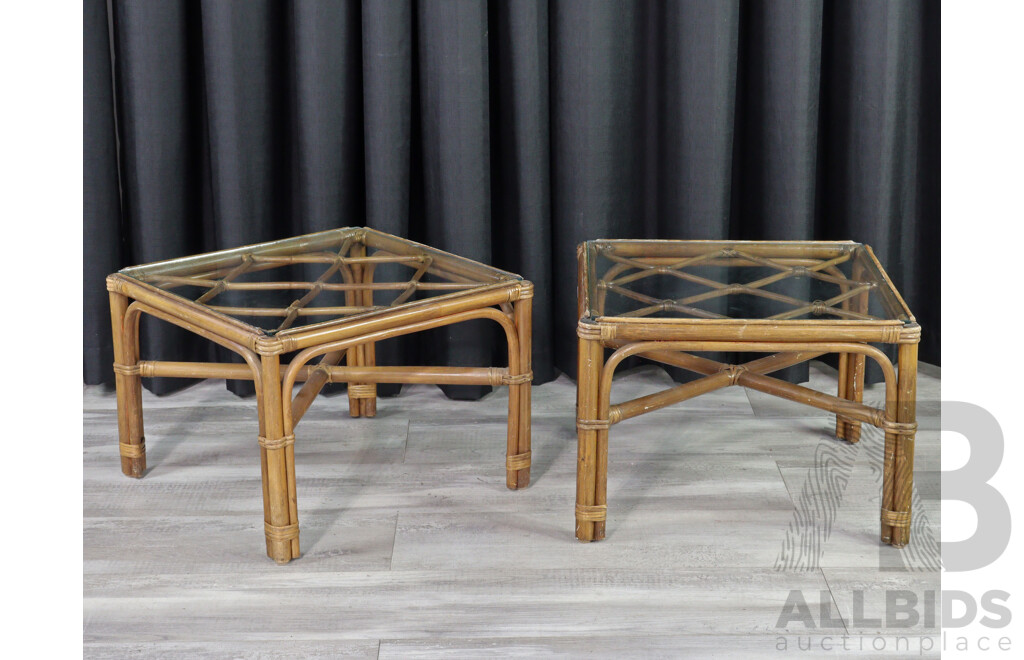 Pair of Bamboo Glass Top Side Tables