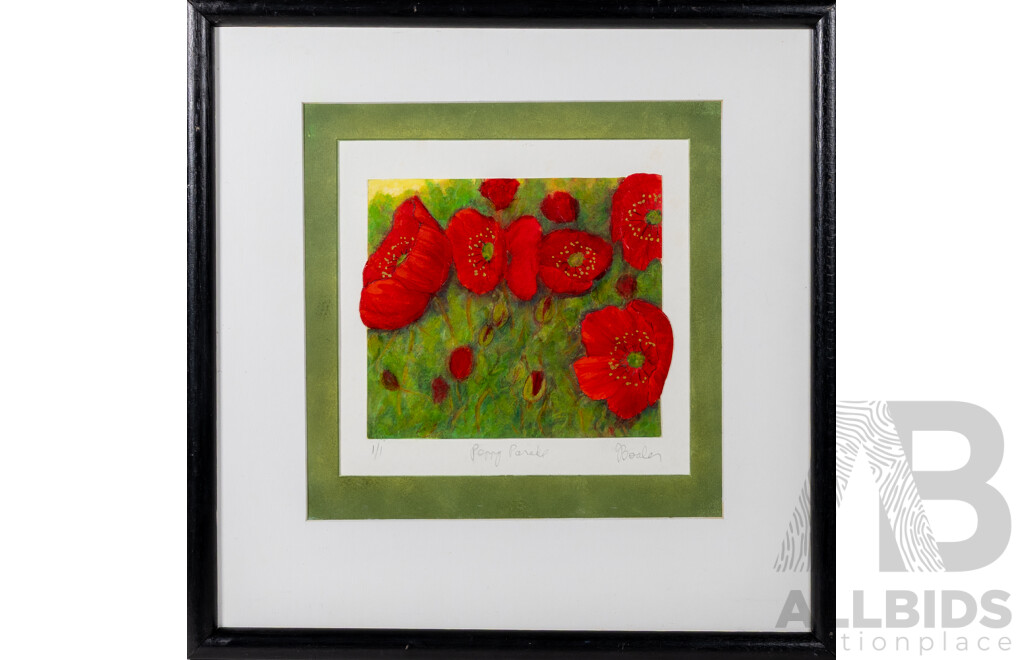 Judith Boaler, (20th Century, Australian), Poppy Parade, Hand Coloured Linocut Embossing, 41 x 41 cm (frame)