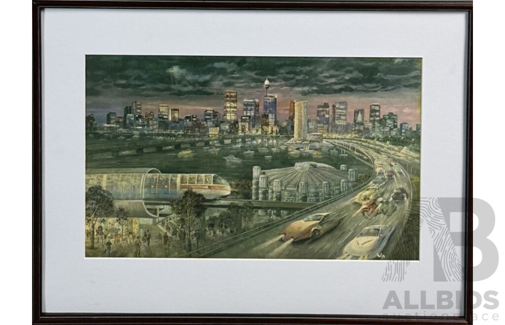 Paul Galy, (20th Century, Australian), Sydney Skyline Reproduction Colour Print on Canvas Card of Original, 41 x 55 cm (frame)