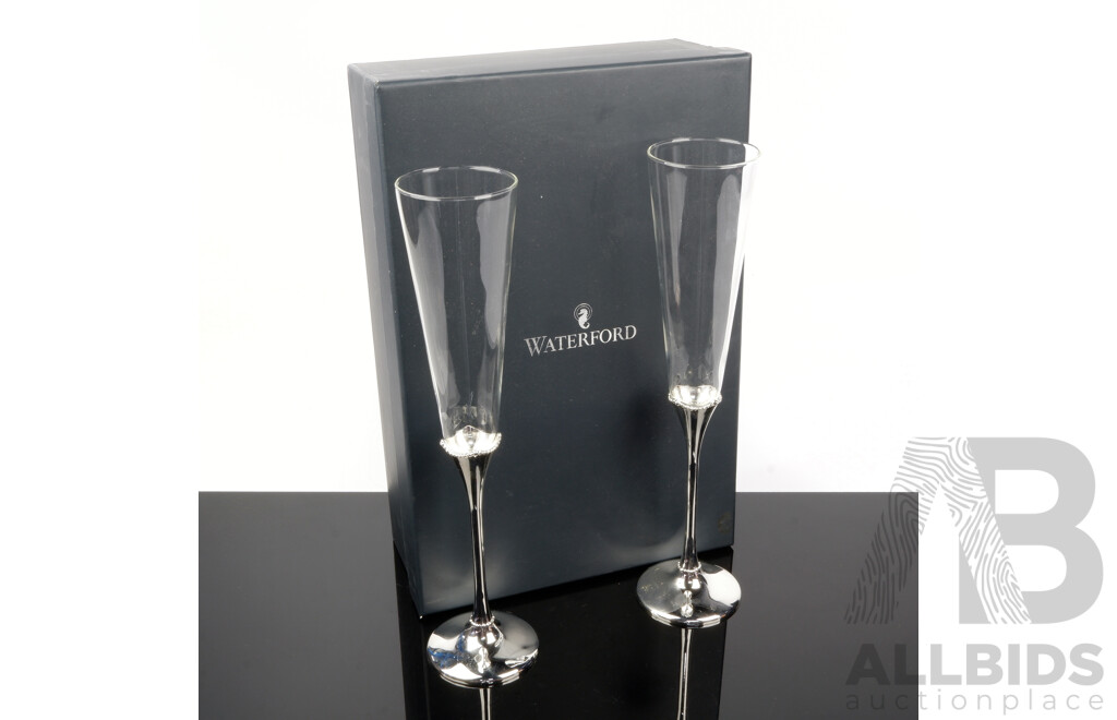 Pair Waterford Crystal Champagne Flutes with Polished Metal Bases in Original Box