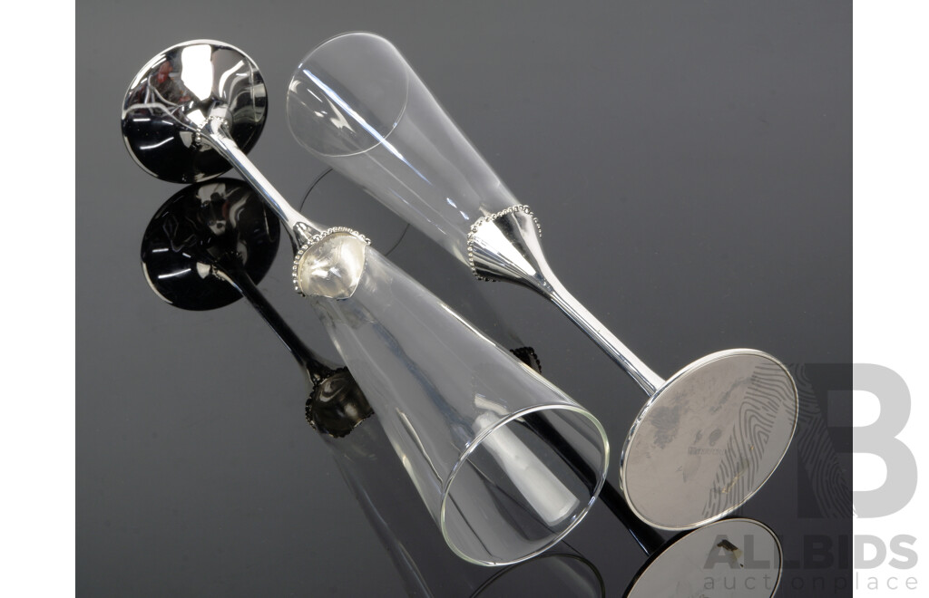 Pair Waterford Crystal Champagne Flutes with Polished Metal Bases in Original Box