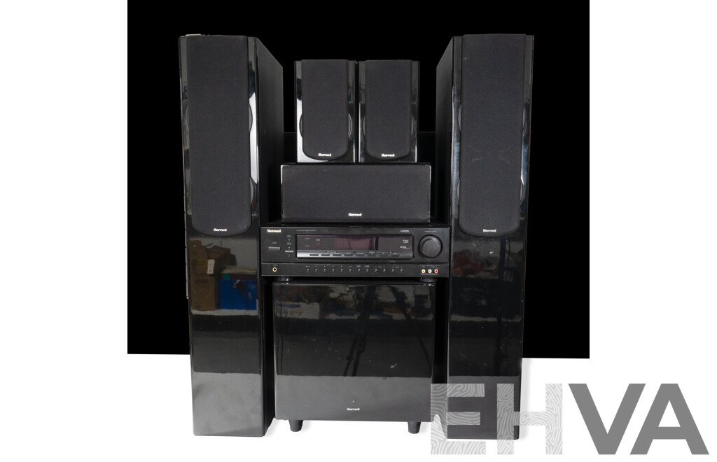 Sherwood Audio Video Receiver RD 6613 with Sub Wooder Unit, Pair Floor Speakers, Three Other Speakers