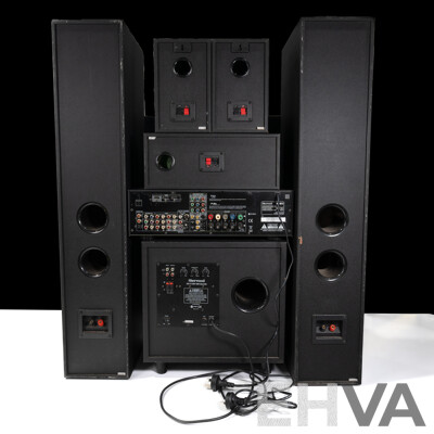 Sherwood Audio Video Receiver RD 6613 with Sub Wooder Unit, Pair Floor Speakers, Three Other Speakers