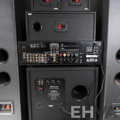 Sherwood Audio Video Receiver RD 6613 with Sub Wooder Unit, Pair Floor Speakers, Three Other Speakers