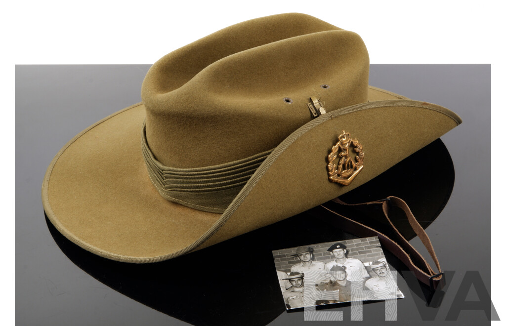 Rare Original Australian Army 1RAR Khaki Felt Slouch Hat, with Green Puggaree and Authentic, Original Issue Well Polished Brass RAR Badge, with Provenance Letter From Long Tan Veteran Ross Smith