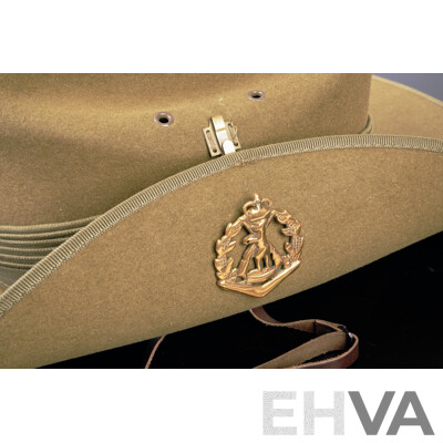 Rare Original Australian Army 1RAR Khaki Felt Slouch Hat, with Green Puggaree and Authentic, Original Issue Well Polished Brass RAR Badge, with Provenance Letter From Long Tan Veteran Ross Smith