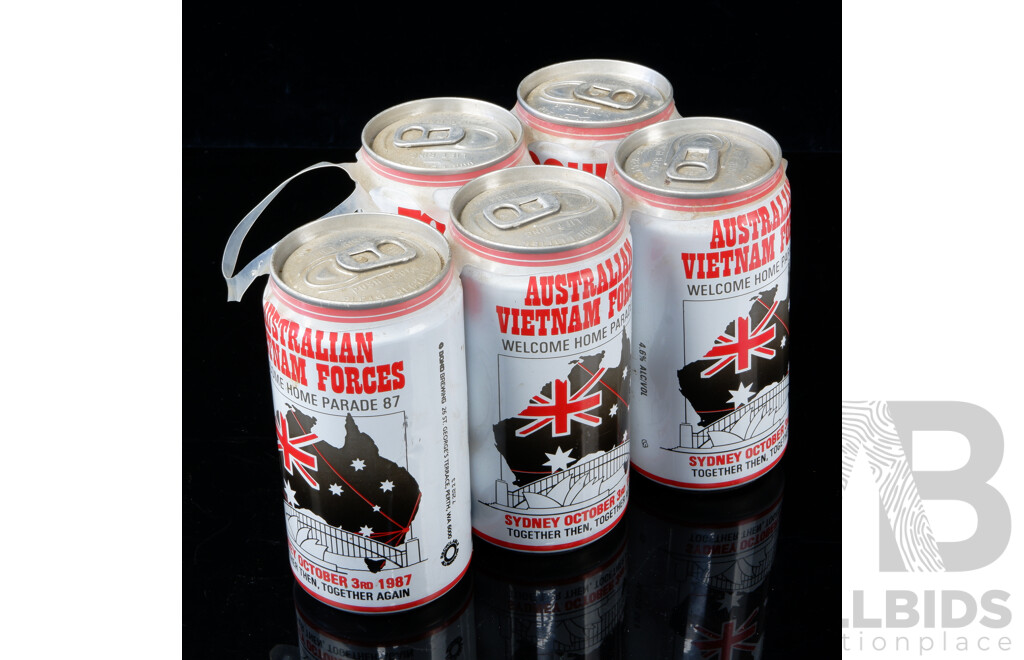 Five Unopened Tooheys Draught Beer 375ml Cans Commemorating Australian Vietnam Forces Welcome Home Parade 1987 in Original Plastic Rings