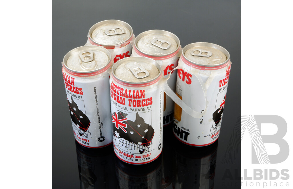 Five Unopened Tooheys Draught Beer 375ml Cans Commemorating Australian Vietnam Forces Welcome Home Parade 1987 in Original Plastic Rings