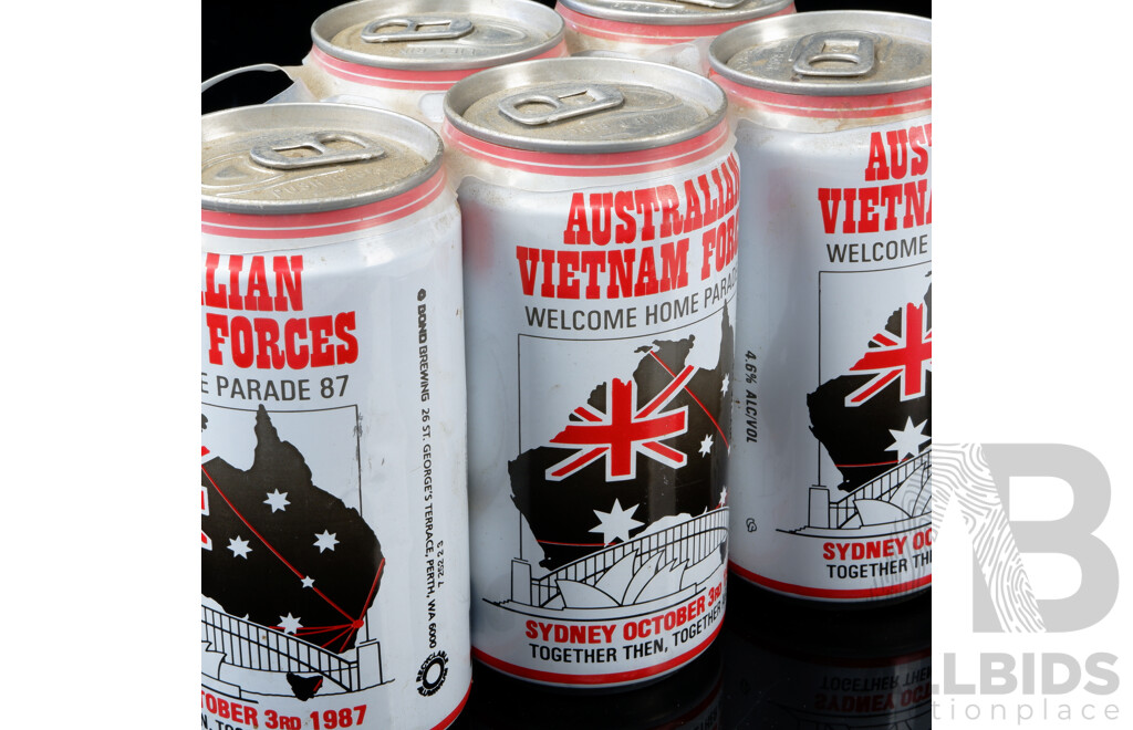Five Unopened Tooheys Draught Beer 375ml Cans Commemorating Australian Vietnam Forces Welcome Home Parade 1987 in Original Plastic Rings