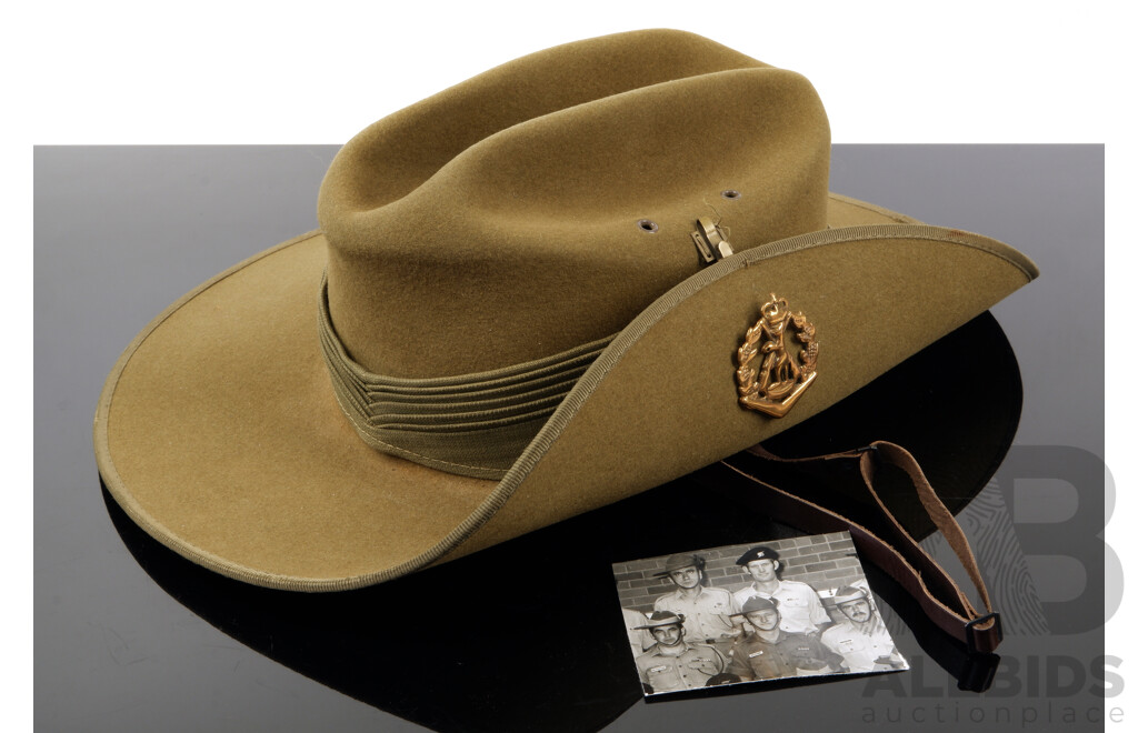 Rare Original Australian Army 1RAR Khaki Felt Slouch Hat, with Green Puggaree and Authentic, Original Issue Well Polished Brass RAR Badge, with Provenance Letter From Long Tan Veteran Ross Smith