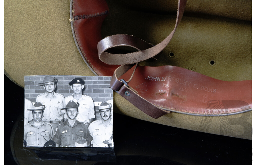 Rare Original Australian Army 1RAR Khaki Felt Slouch Hat, with Green Puggaree and Authentic, Original Issue Well Polished Brass RAR Badge, with Provenance Letter From Long Tan Veteran Ross Smith