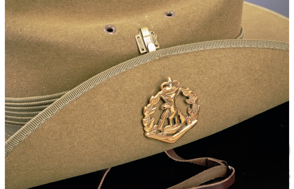 Rare Original Australian Army 1RAR Khaki Felt Slouch Hat, with Green Puggaree and Authentic, Original Issue Well Polished Brass RAR Badge, with Provenance Letter From Long Tan Veteran Ross Smith