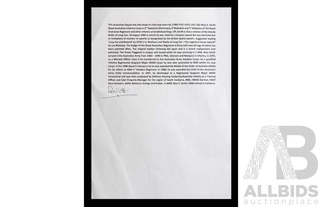 Rare Original Australian Army 1RAR Khaki Felt Slouch Hat, with Green Puggaree and Authentic, Original Issue Well Polished Brass RAR Badge, with Provenance Letter From Long Tan Veteran Ross Smith