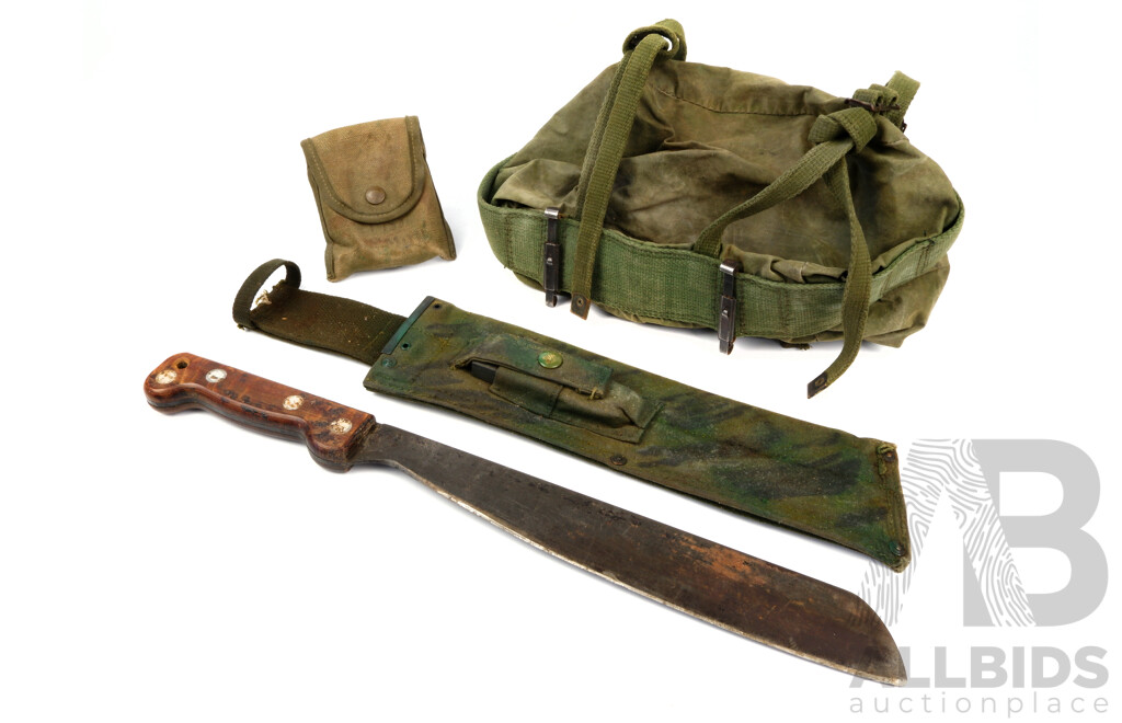 Vintage Australian Army Golok Machete in Later Sheath and Oil Stone Along with Webbing Bum Bag & Compass Pouch, All Carried in the Battle of Long Tan 1966 Vietnam by Vendor Ross Smith OAM 6RAR