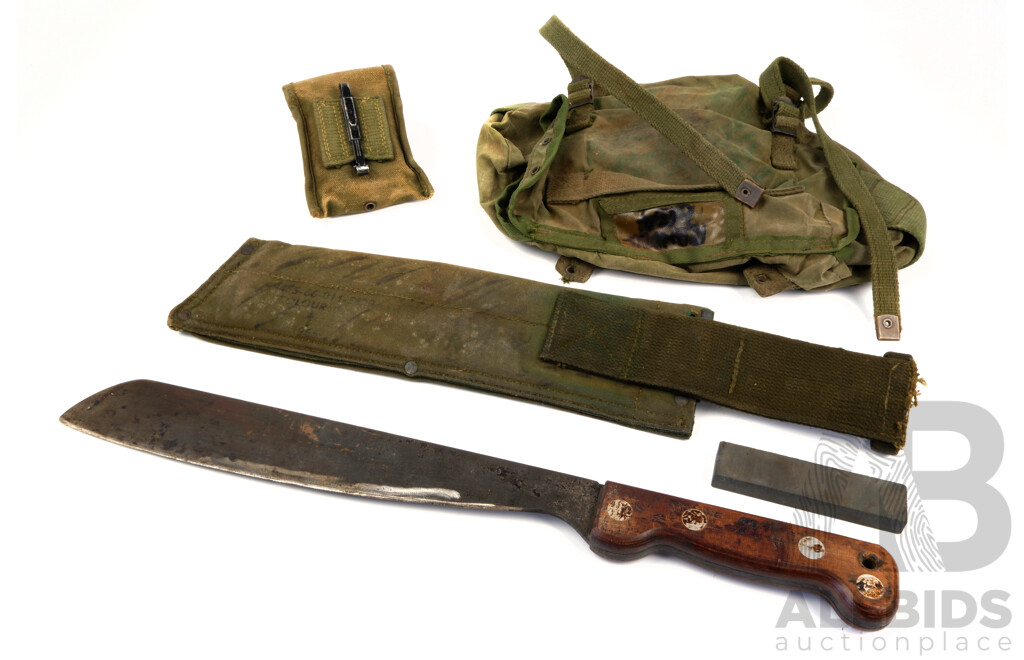 Vintage Australian Army Golok Machete in Later Sheath and Oil Stone Along with Webbing Bum Bag & Compass Pouch, All Carried in the Battle of Long Tan 1966 Vietnam by Vendor Ross Smith OAM 6RAR